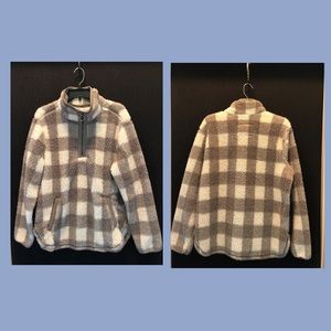 Gray buffalo plaid sherpa pullover